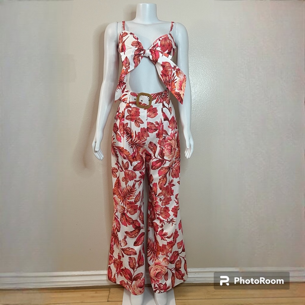Multi floral print bandeau crop top bow at front belted high waisted pants set